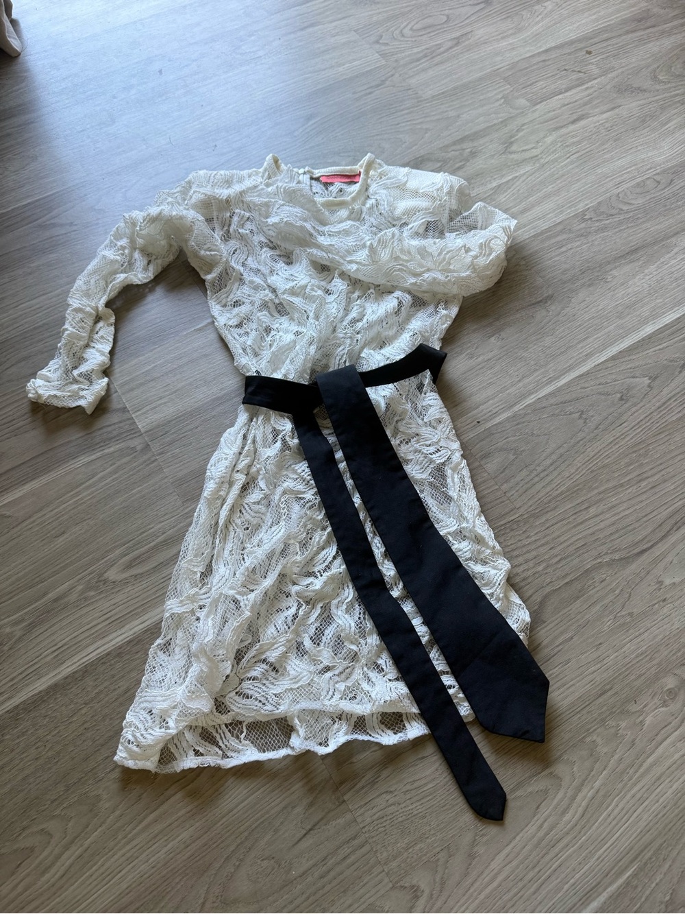 Manning Cartel White Lace Long Sleeve Dress with Black Sash Belt